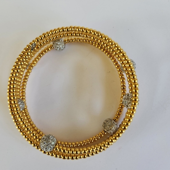 Hand Crafted Coil Memory Wire Bracelet Gold Hematite Silver Pave - Picture 5 of 7